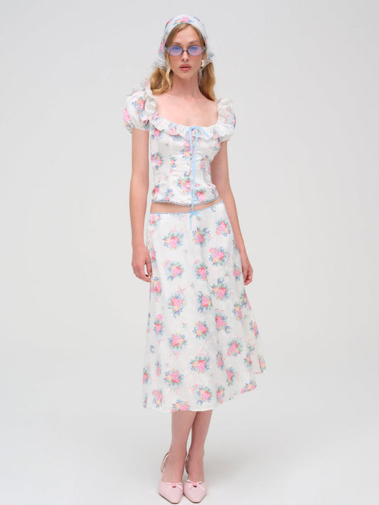 For Love and Lemons Doily Bouquet Midi Skirt - White