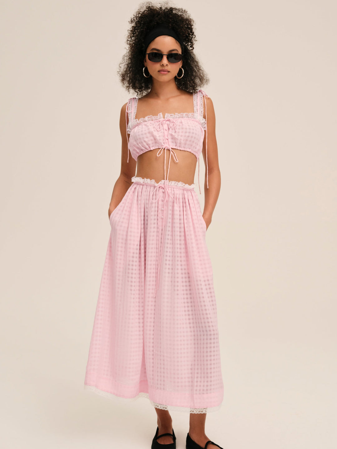 For Love and Lemons Ginny Gingham Midi Skirt - Pink
