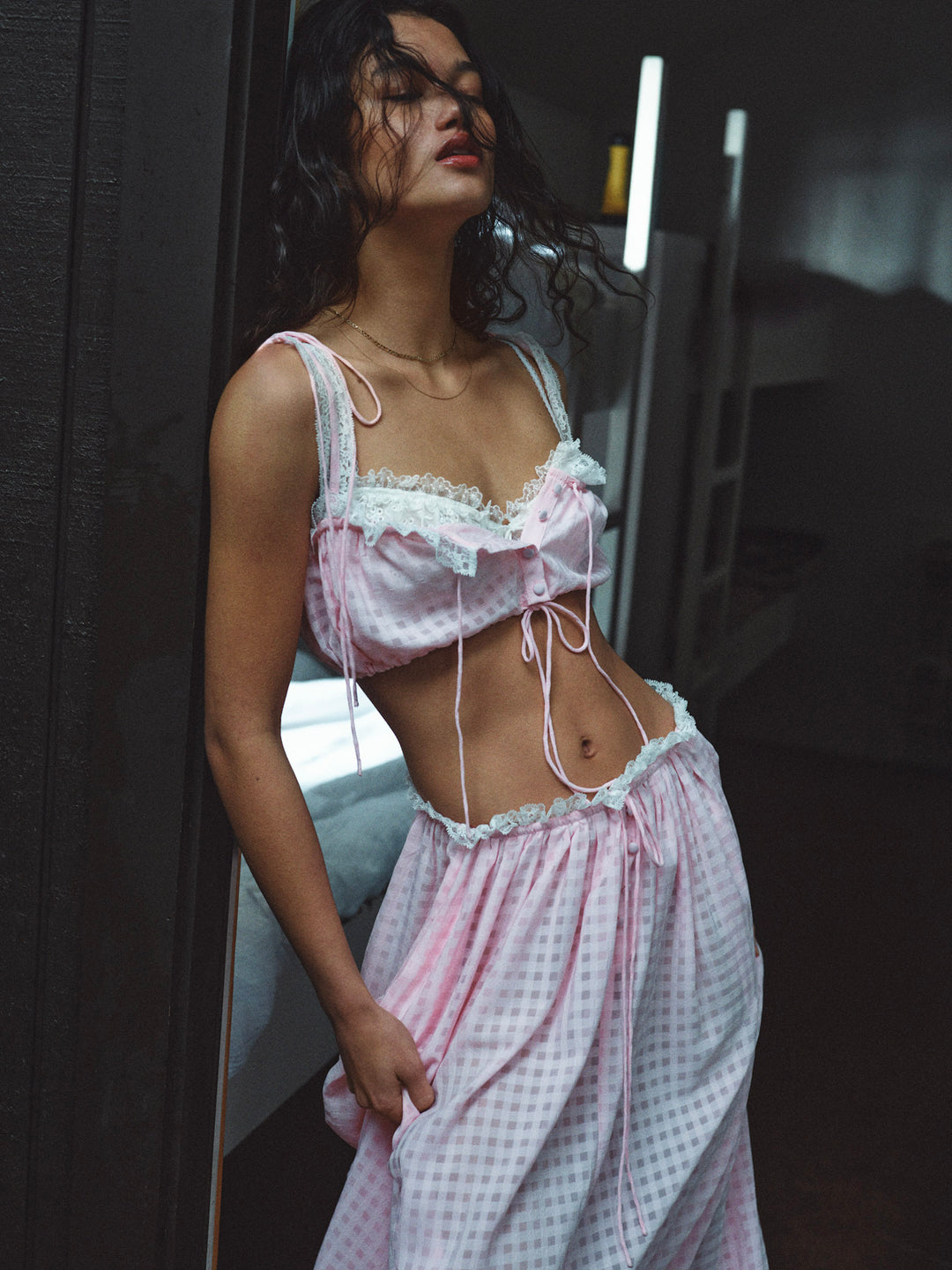 For Love and Lemons Ginny Gingham Midi Skirt - Pink