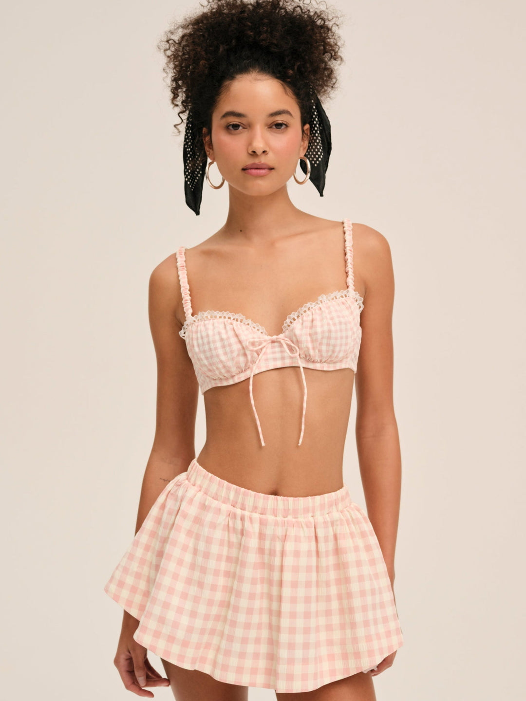 For Love and Lemons Petal Gingham Skort - Peach