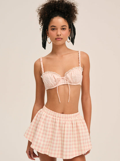 For Love and Lemons Petal Gingham Skort - Peach