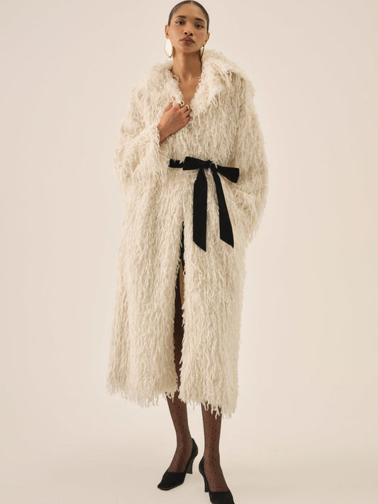 For Love and Lemons Ruffle Faux Feather Coat - Cream