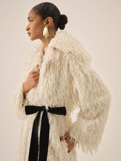 For Love and Lemons Ruffle Faux Feather Coat - Cream