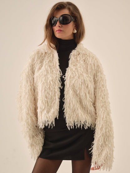 For Love and Lemons Ruffle Faux Feather Jacket - Cream