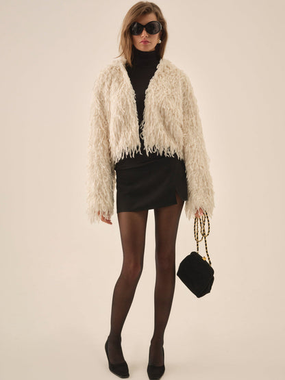 For Love and Lemons Ruffle Faux Feather Jacket - Cream