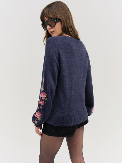 For Love and Lemons Molly Embroidered Pullover Sweater - Navy