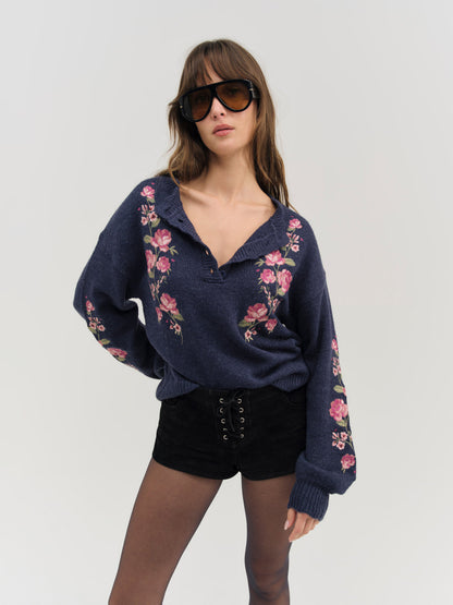 For Love and Lemons Molly Embroidered Pullover Sweater - Navy