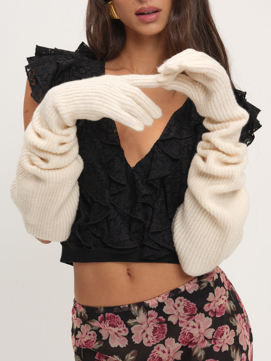 For Love and Lemons Slouchy Rib Knit Gloves - Cream