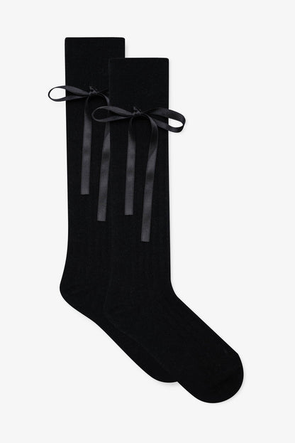For Love and Lemons Knee-High Bow Socks - Black