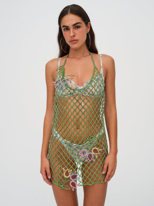 For Love and Lemons Tulip Grid Rhinestone Dress - Green