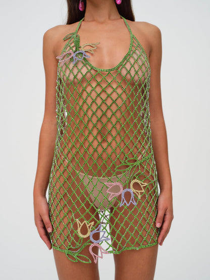 For Love and Lemons Tulip Grid Rhinestone Dress - Green