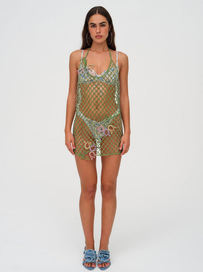 For Love and Lemons Tulip Grid Rhinestone Dress - Green