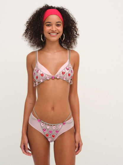 For Love and Lemons Rhinestone Heart Thong Panty - Red