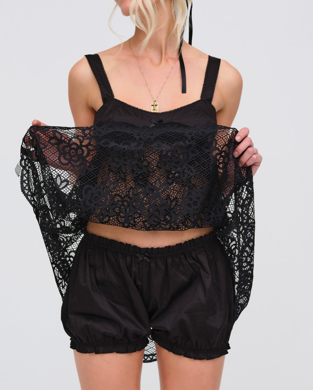 For Love and Lemons Sonnet Lace Babydoll Set - Black