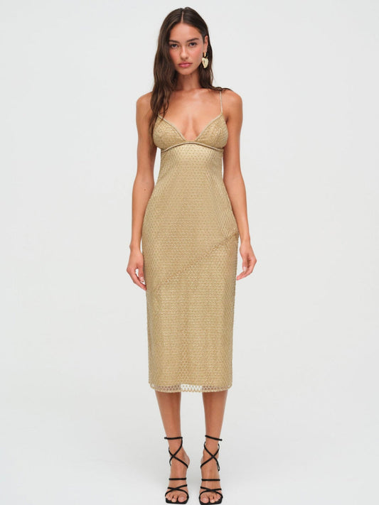 For Love and Lemons Glitter Grid Midi Dress - Gold