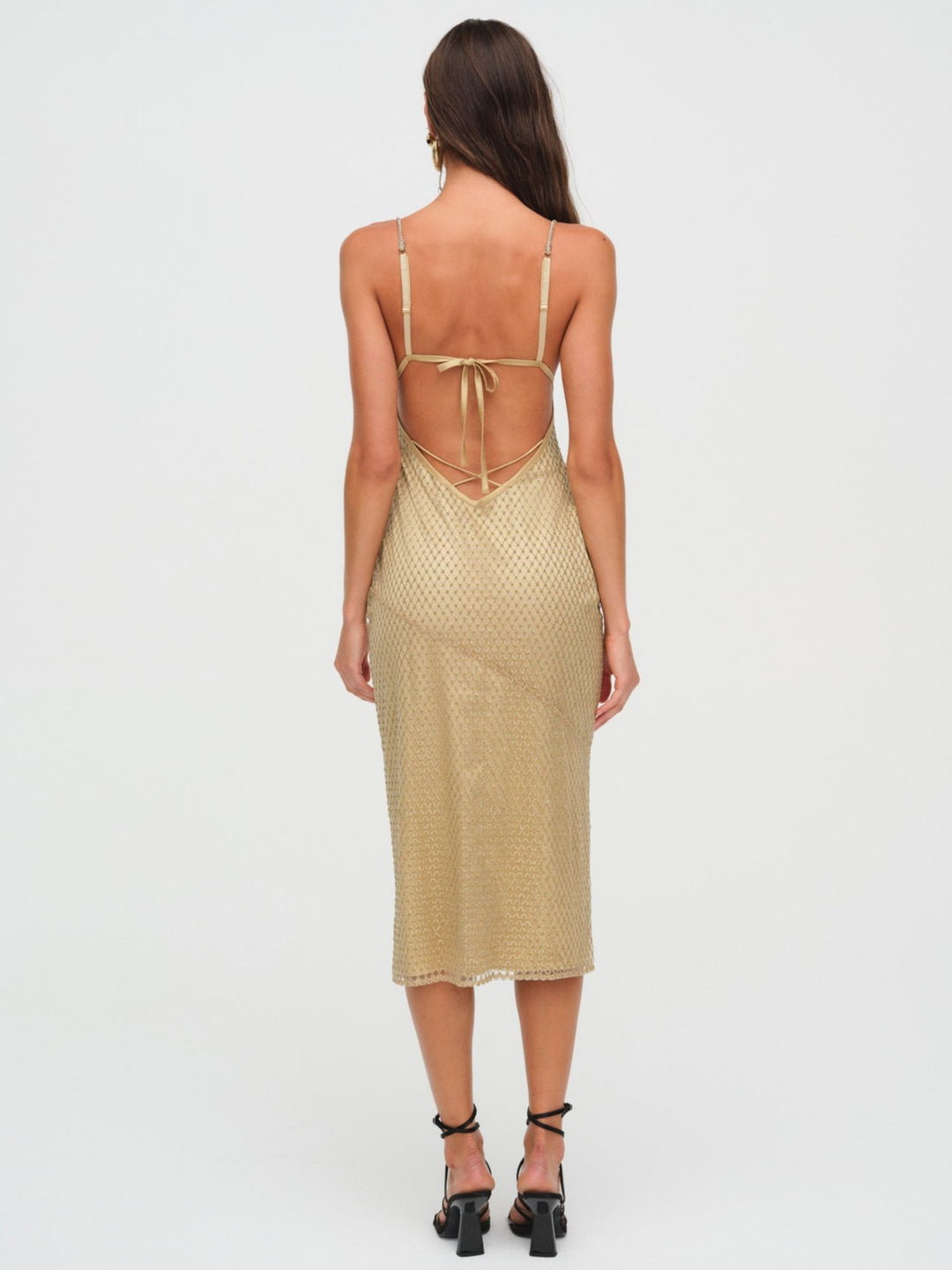 For Love and Lemons Glitter Grid Midi Dress - Gold