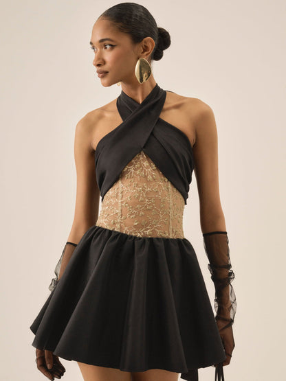 For Love and Lemons Shimmering Petals Mini Dress - Black