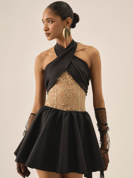 For Love and Lemons Shimmering Petals Mini Dress - Black