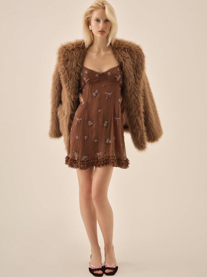 For Love and Lemons Beaded Garden Bow Mini Dress - Brown