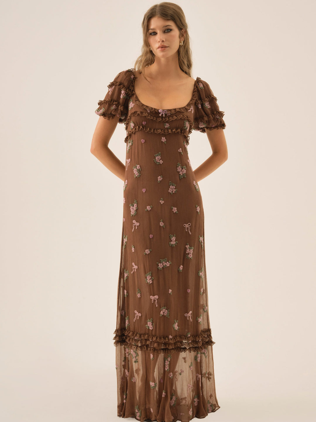 For Love and Lemons Beaded Garden Bow Maxi Dress - Brown
