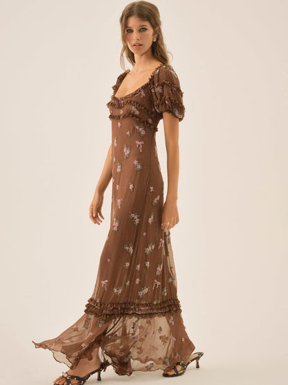For Love and Lemons Beaded Garden Bow Maxi Dress - Brown