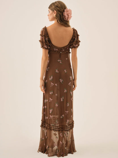For Love and Lemons Beaded Garden Bow Maxi Dress - Brown