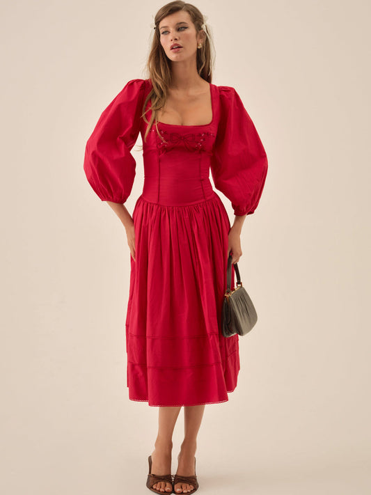 For Love and Lemons Betsy Bow Midi Dress - Red