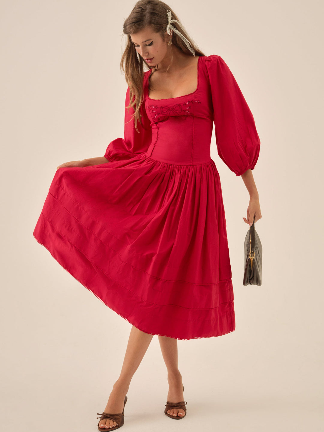 For Love and Lemons Betsy Bow Midi Dress - Red