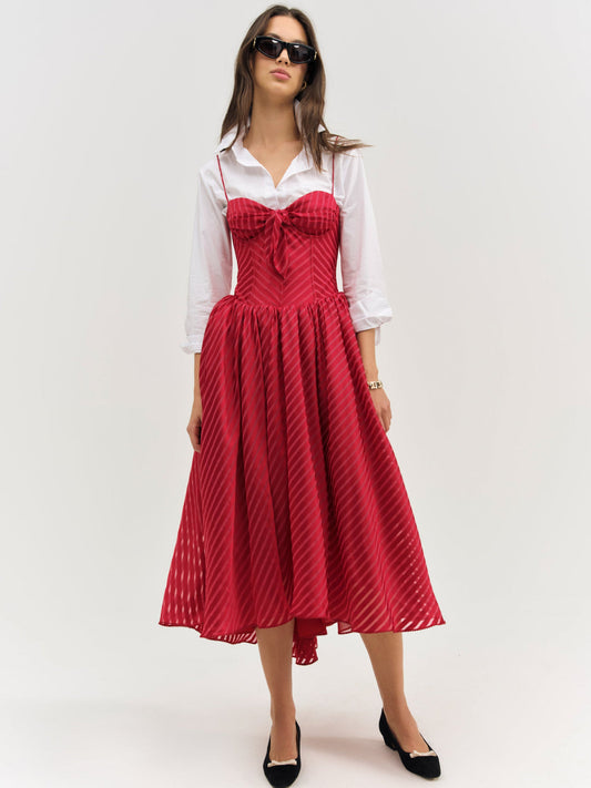For Love and Lemons Satin Burnout Stripe Midi Dress - Red