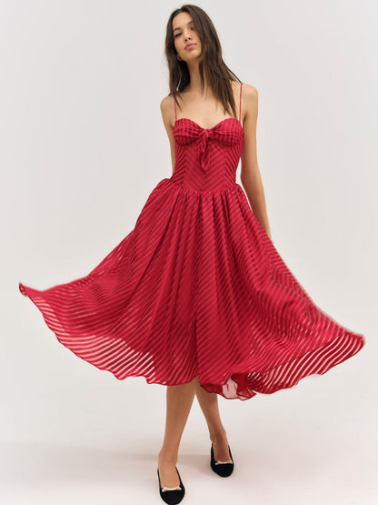 For Love and Lemons Satin Burnout Stripe Midi Dress - Red