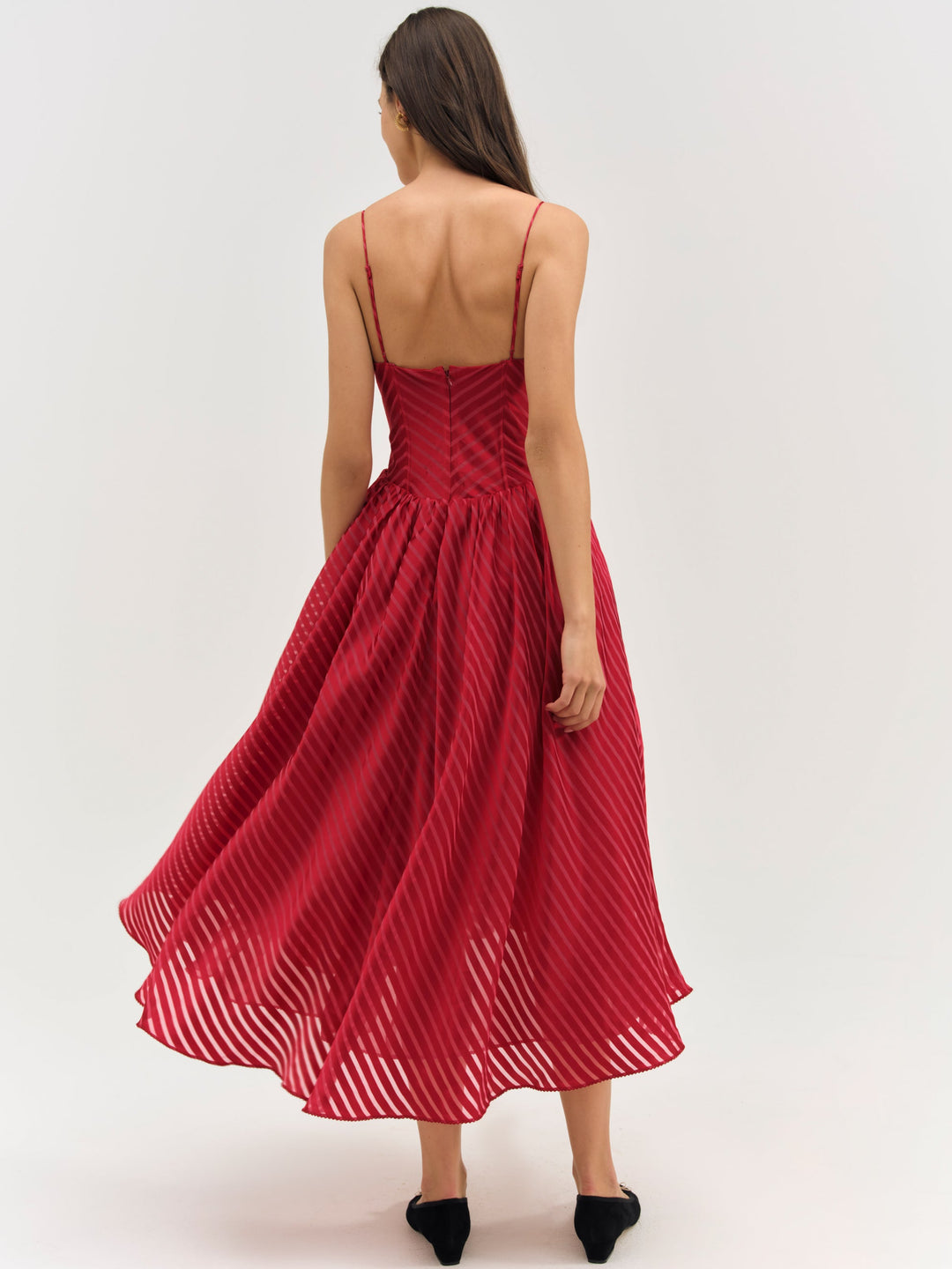 For Love and Lemons Satin Burnout Stripe Midi Dress - Red