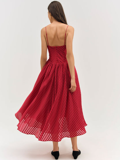 For Love and Lemons Satin Burnout Stripe Midi Dress - Red