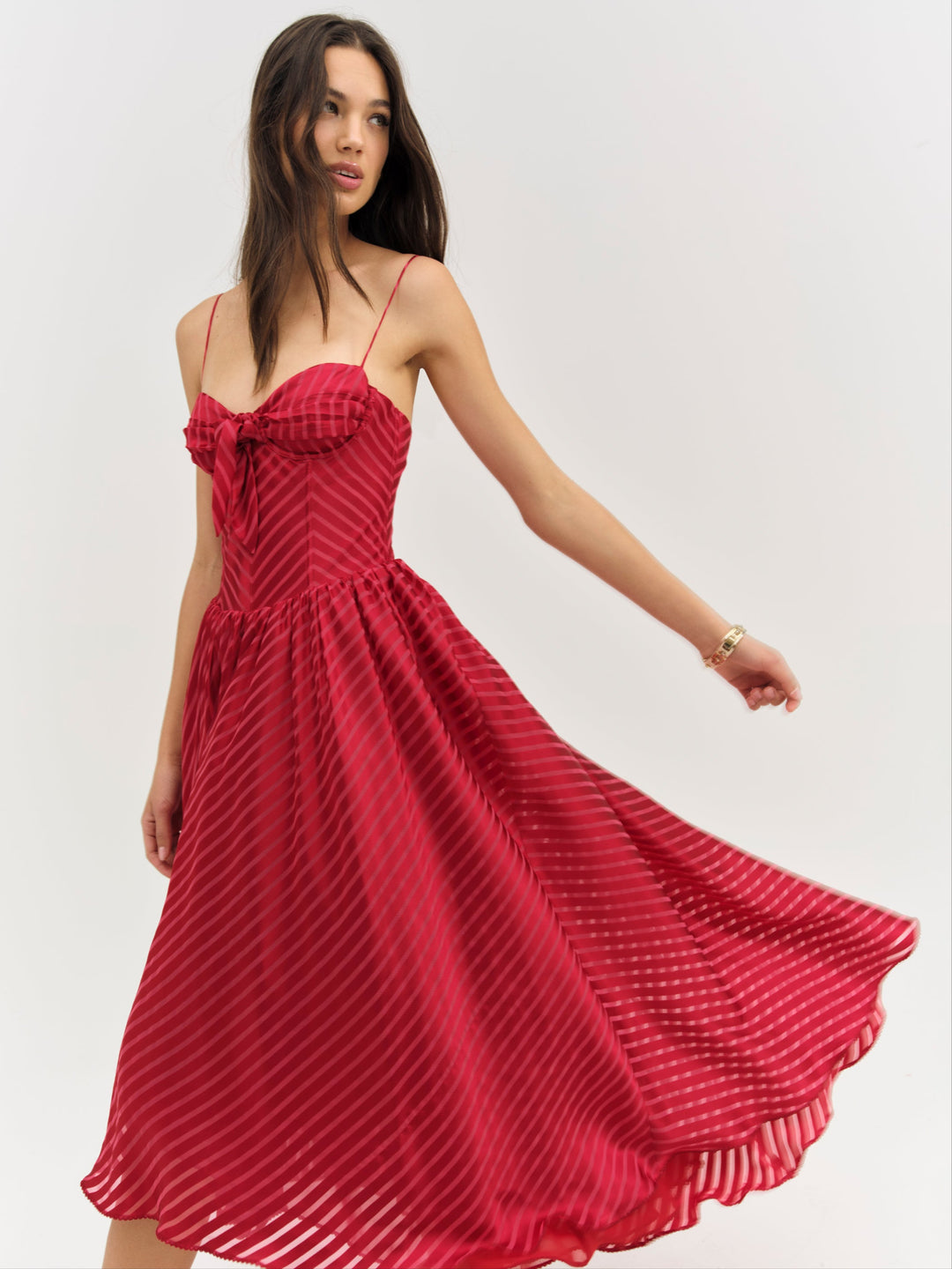 For Love and Lemons Satin Burnout Stripe Midi Dress - Red