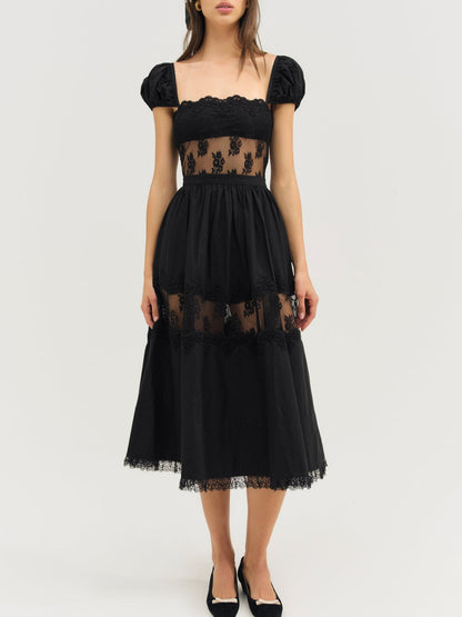 For Love and Lemons Liya Lace Midi Dress - Black