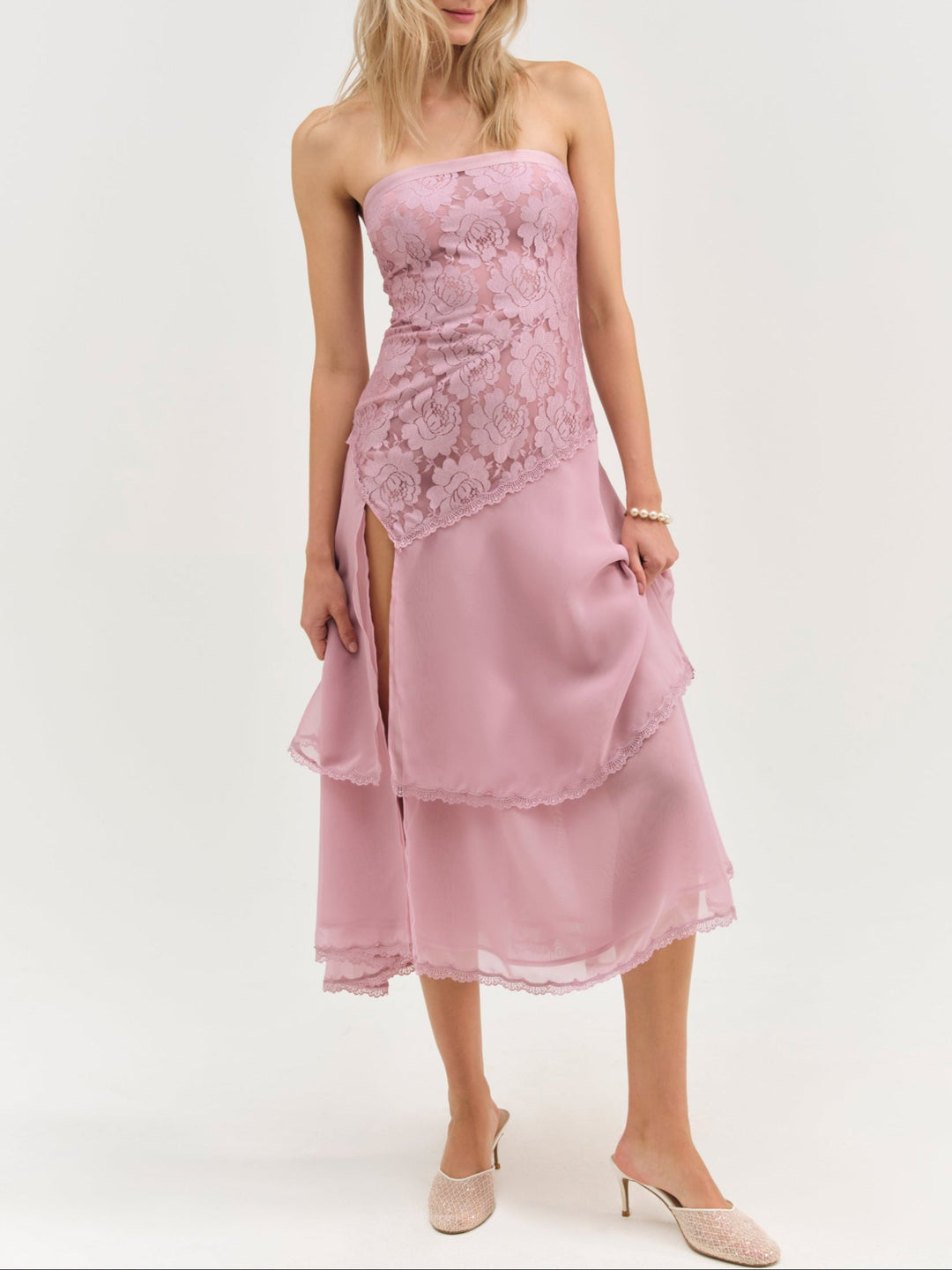 For Love and Lemons Claudia Rose Lace Strapless Midi Dress - Mulberry