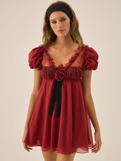 For Love and Lemons Claudine Chiffon Mini Dress - Oxblood