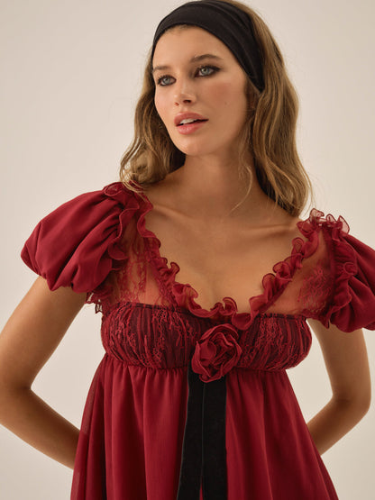 For Love and Lemons Claudine Chiffon Mini Dress - Oxblood