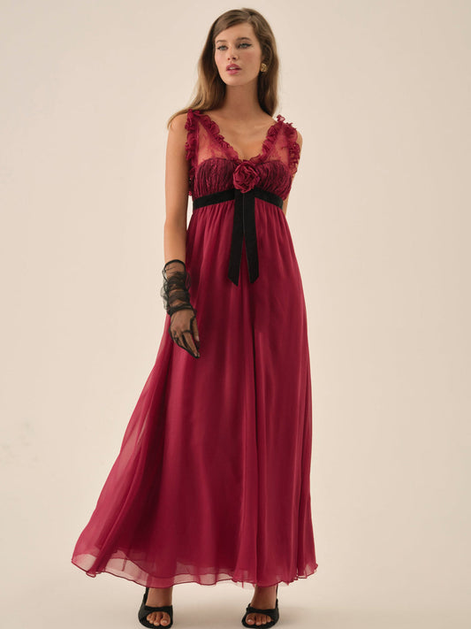 For Love and Lemons Claudine Chiffon Maxi Dress - Oxblood
