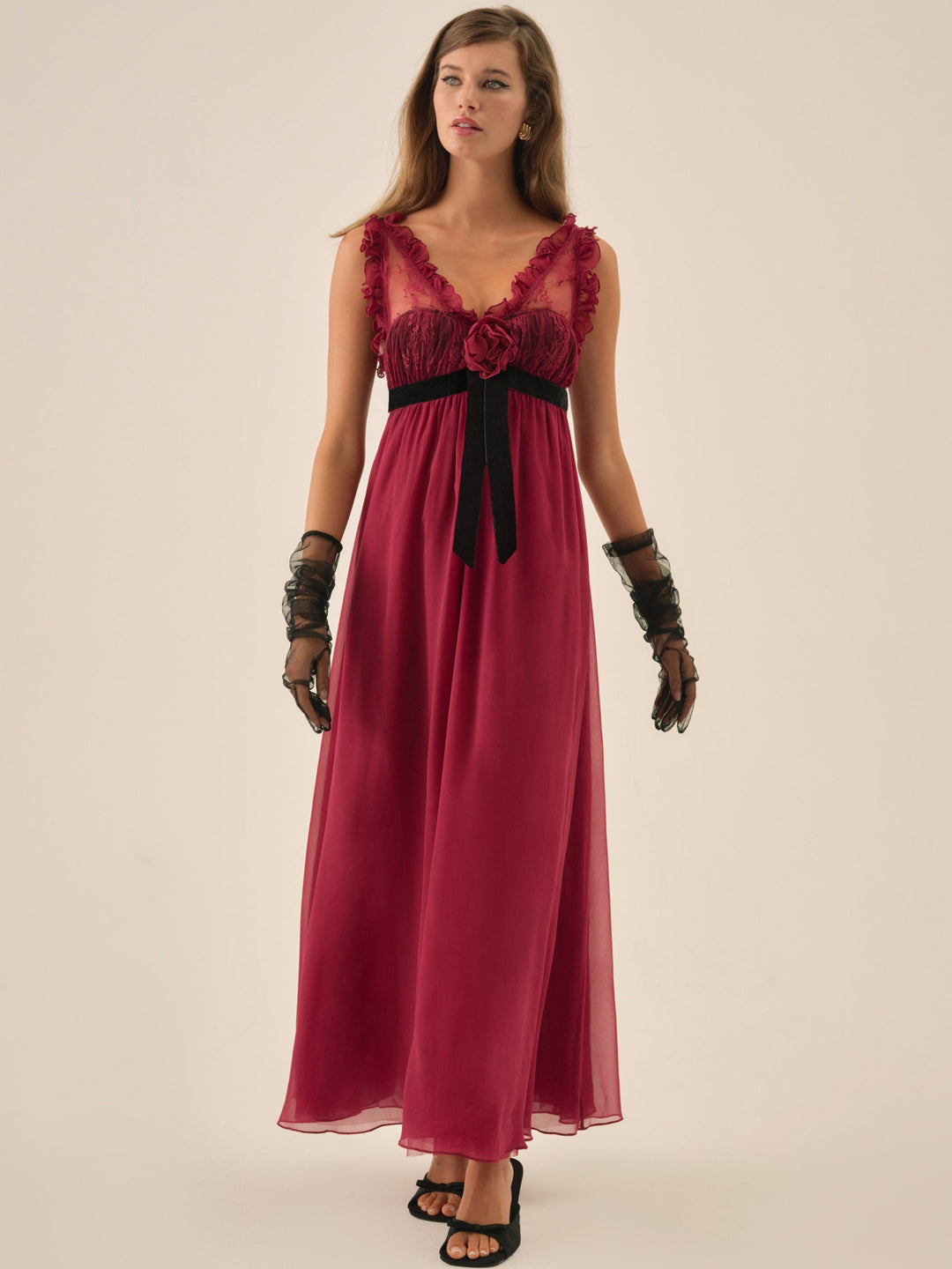 For Love and Lemons Claudine Chiffon Maxi Dress - Oxblood