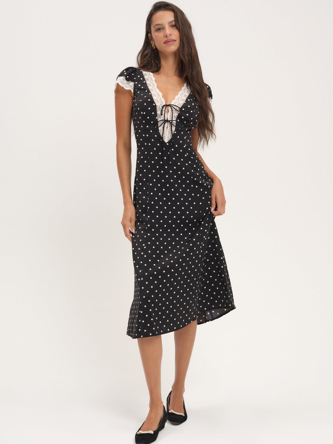 For Love and Lemons Cross Your Heart Midi Dress - Black Dot