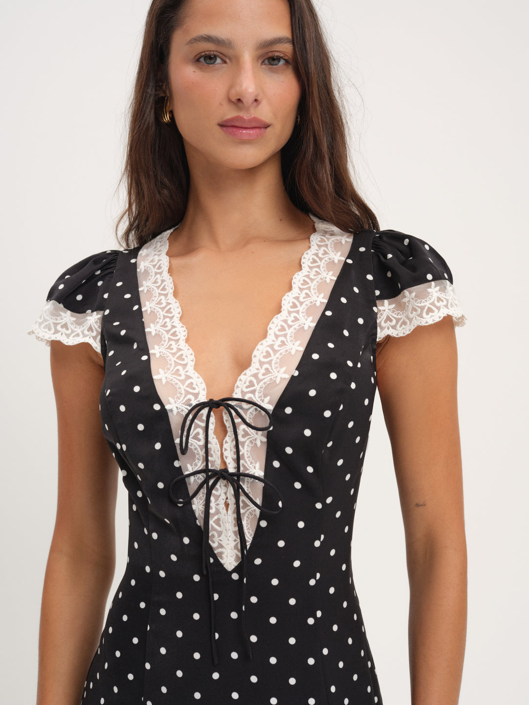 For Love and Lemons Cross Your Heart Midi Dress - Black Dot
