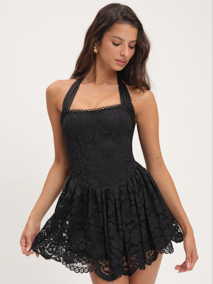 For Love and Lemons Lakeside Lace Halter Mini Dress - Black