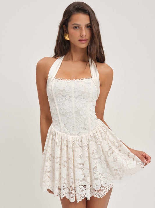 For Love and Lemons Lakeside Lace Halter Mini Dress - Cream