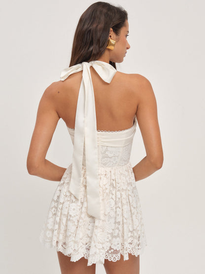 For Love and Lemons Lakeside Lace Halter Mini Dress - Cream