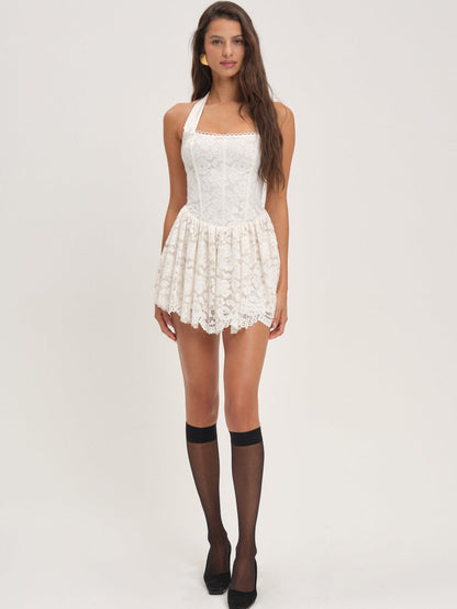 For Love and Lemons Lakeside Lace Halter Mini Dress - Cream