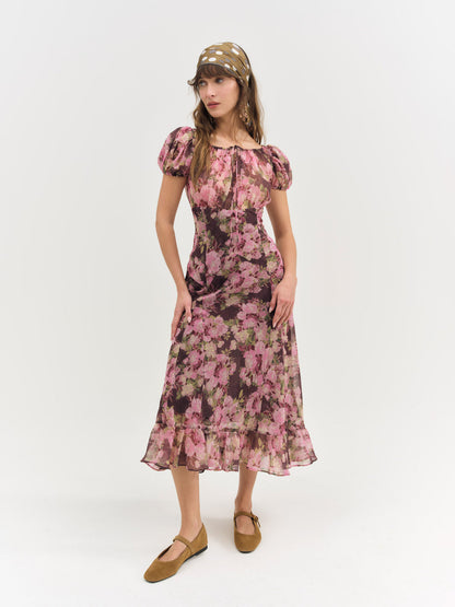 For Love and Lemons Adeline Floral Midi Dress - Brown