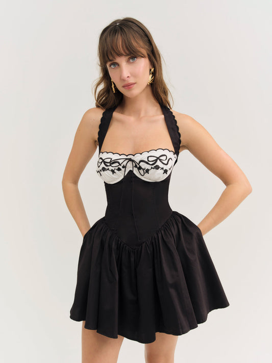 For Love and Lemons Tea Time Poplin Bustier Mini Dress - Black