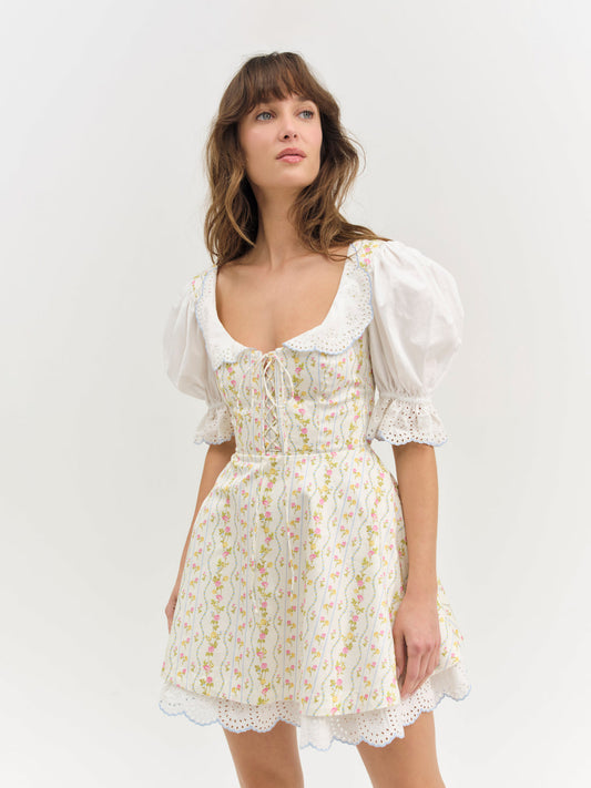 For Love and Lemons Brigitta Floral Short Sleeve Mini Dress - Ivory