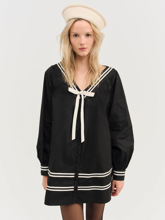 For Love and Lemons Helena Poplin Long Sleeve Mini Dress - Black