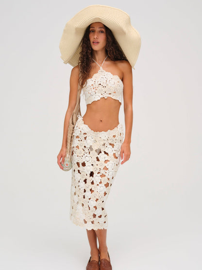 For Love and Lemons Floral Crochet Coverup Midi Skirt - White